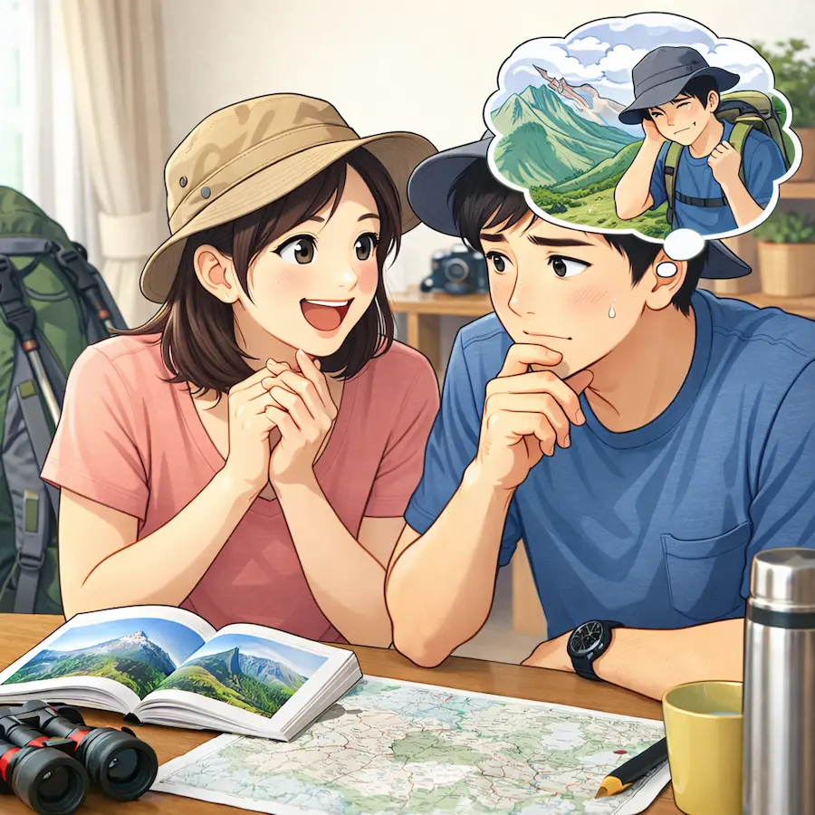 高山病（AMS）対策を調べる登山計画中の夫婦（WMS 2024ガイドライン要約）