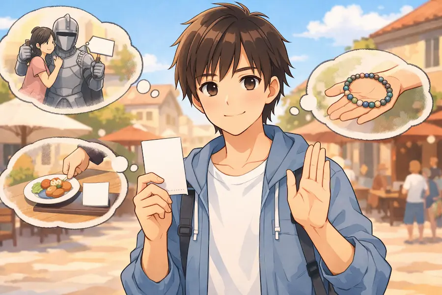 海外旅行のぼったくり対策を表すイラスト（写真撮影・無料ブレスレット・頼んでない料理の請求）