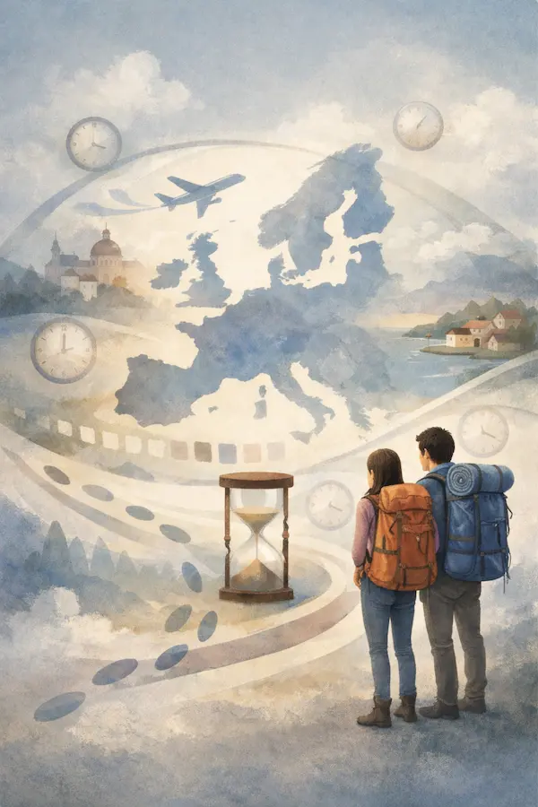 ヨーロッパ地図と旅人のイラスト（シェンゲン協定・90/180ルールの解説）