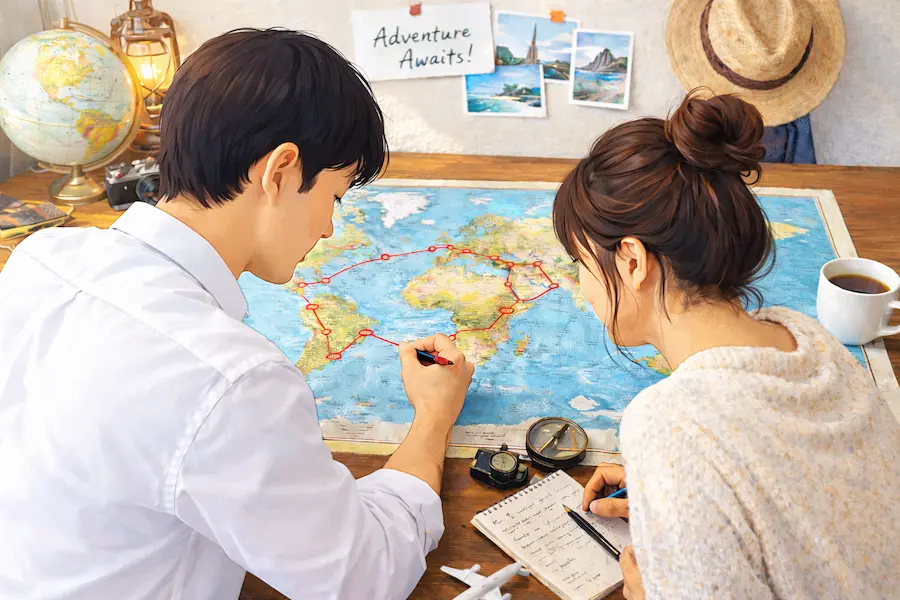 世界地図を見ながら世界一周のルートを計画する夫婦