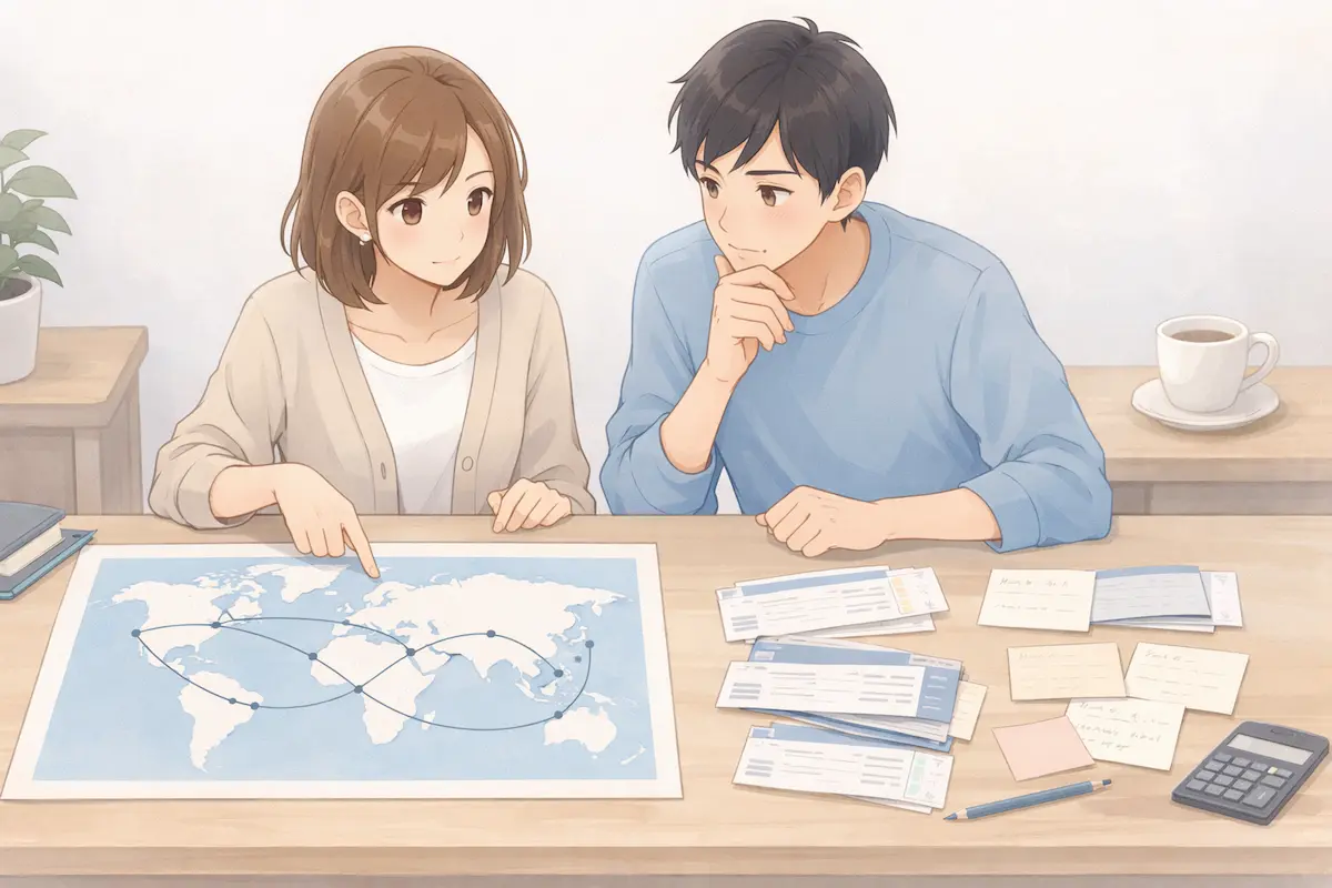 世界地図を見ながら世界一周航空券と個別手配を比較して旅程を相談する夫婦のイメージ