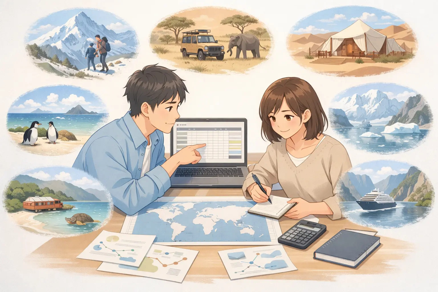 世界一周の予算を費目別に整理する夫婦の旅行計画イメージ