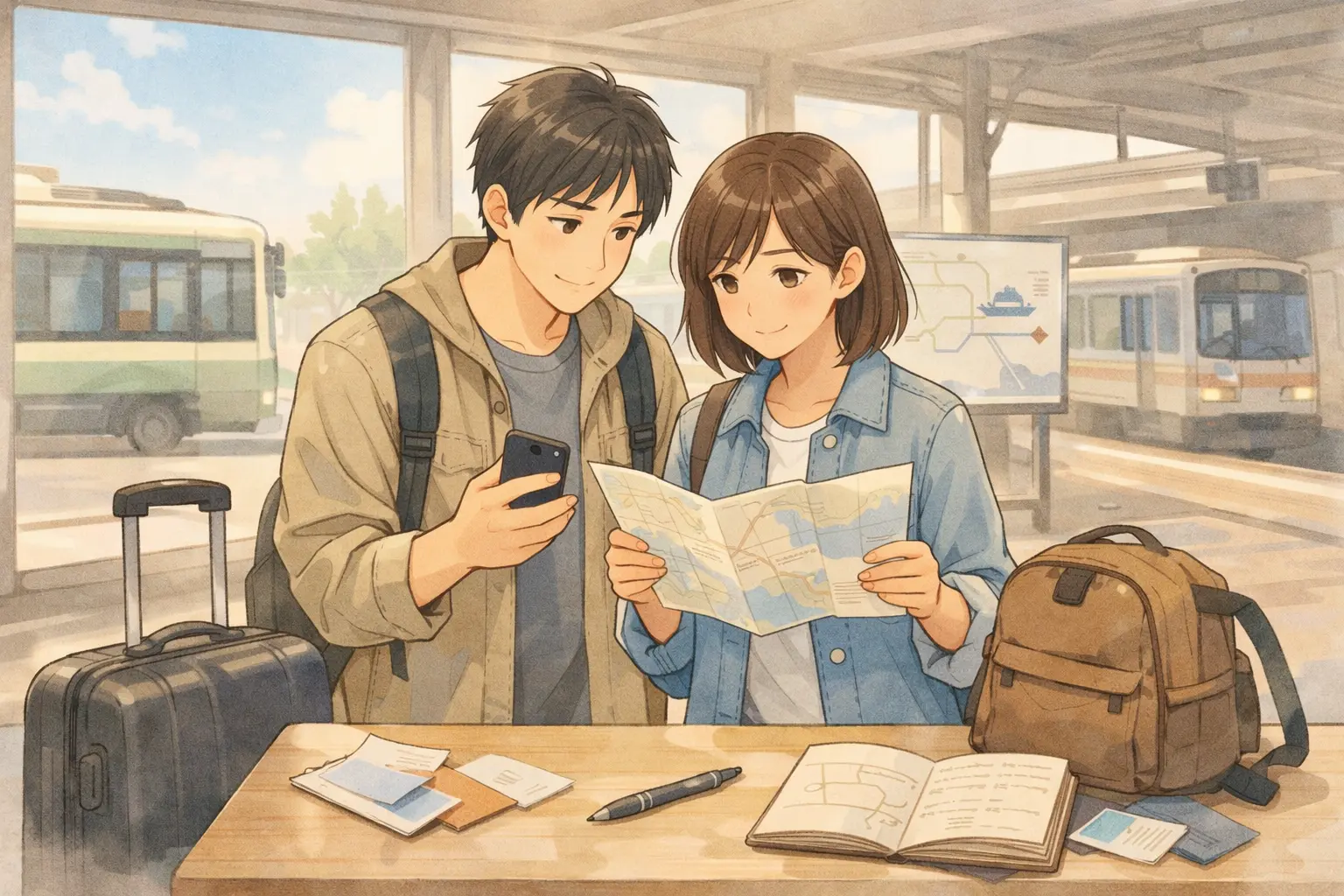 世界一周旅行中の夫婦が駅ラウンジで現地交通の移動手段を確認しているイメージイラスト