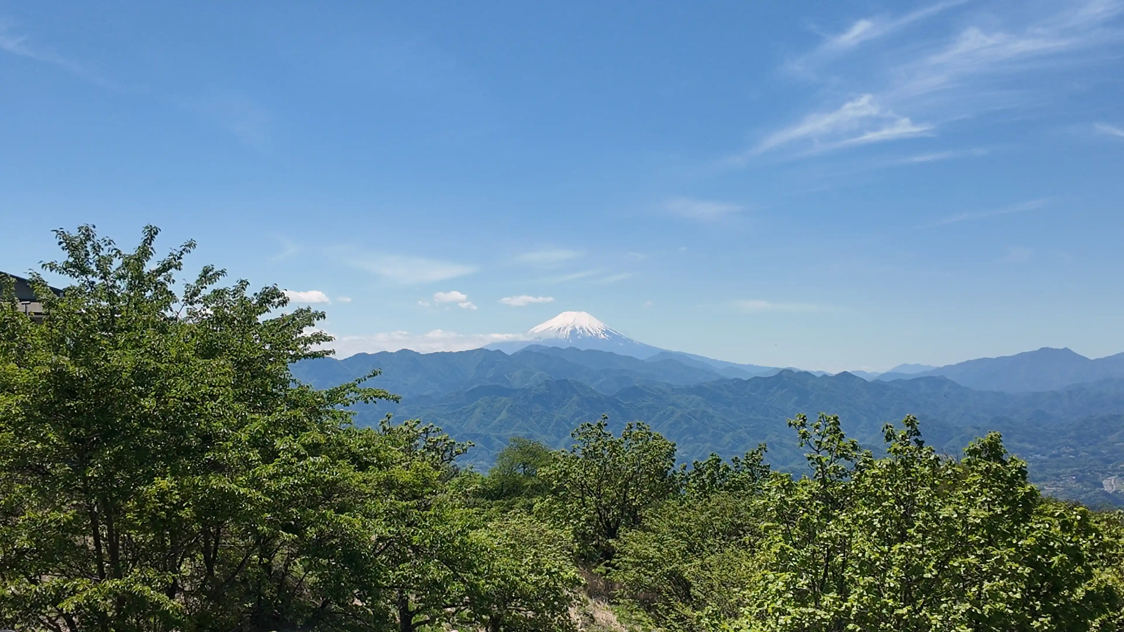 陣馬山から望む富士山と新緑の山並み。スーパーメリノウール L.W.を試した縦走コースからの眺め